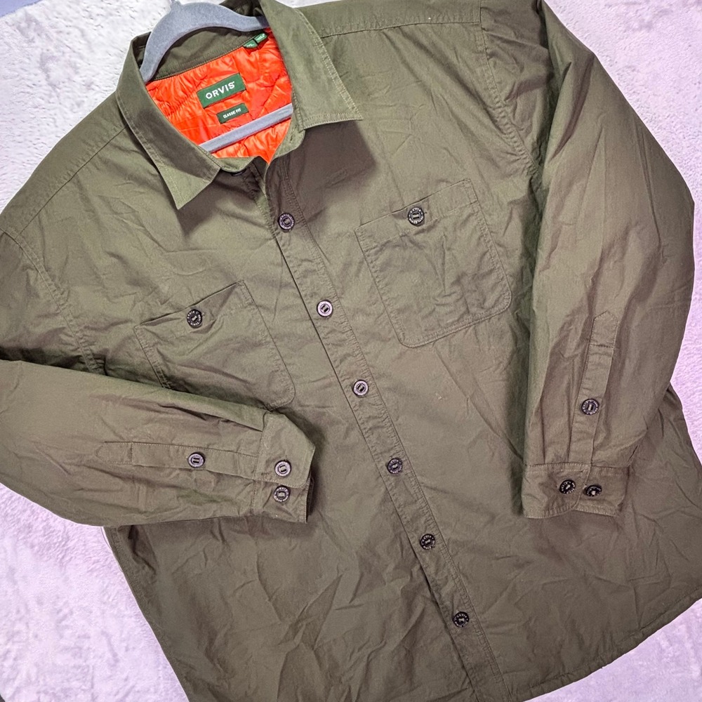 Orvis Mens Shirt Jacket Size XL Green Quilted Lined Classic Fit Button Up